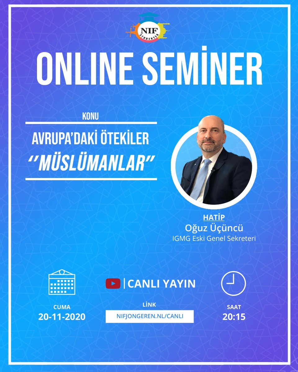 nifjongeren's tweet photo. Avrupa’da Müslüman olmanın anlamı ve imkanları nelerdir? 
 20 kasım saat 20:15'de IGMG eski sekreteri Oğuz Üçüncü hocamızla üniversiteler seminer programını canlı yayınla ekranlarınıza taşıyacağız.

Seminerimizi https://t.co/tNCJP5wbQK sitesinde takip edebilirsiniz. https://t.co/1HSNapBpk4