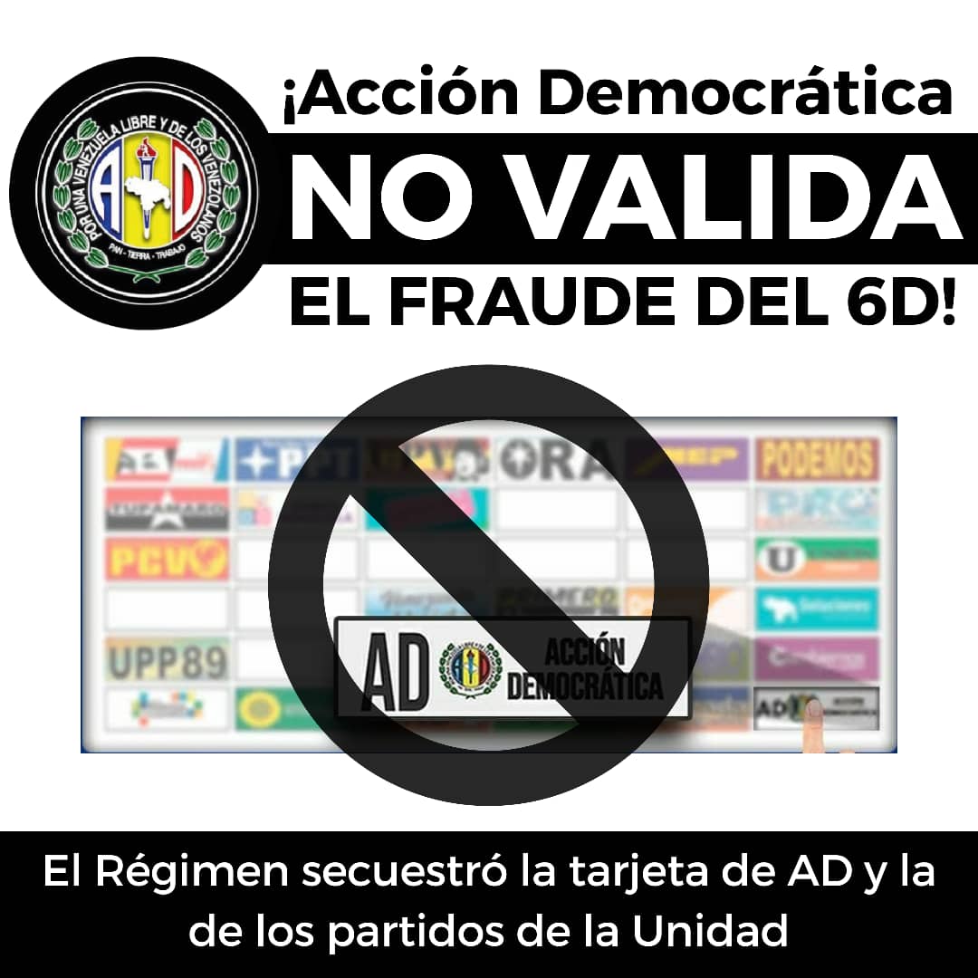 Los ADecos verdaderos no somos Judas que se venden, somos hombres y mujeres llenos de principios y valores, no participamos en el fraude electoral del 06D. Nos vemos el  21N en la caminata de la Dignidad.