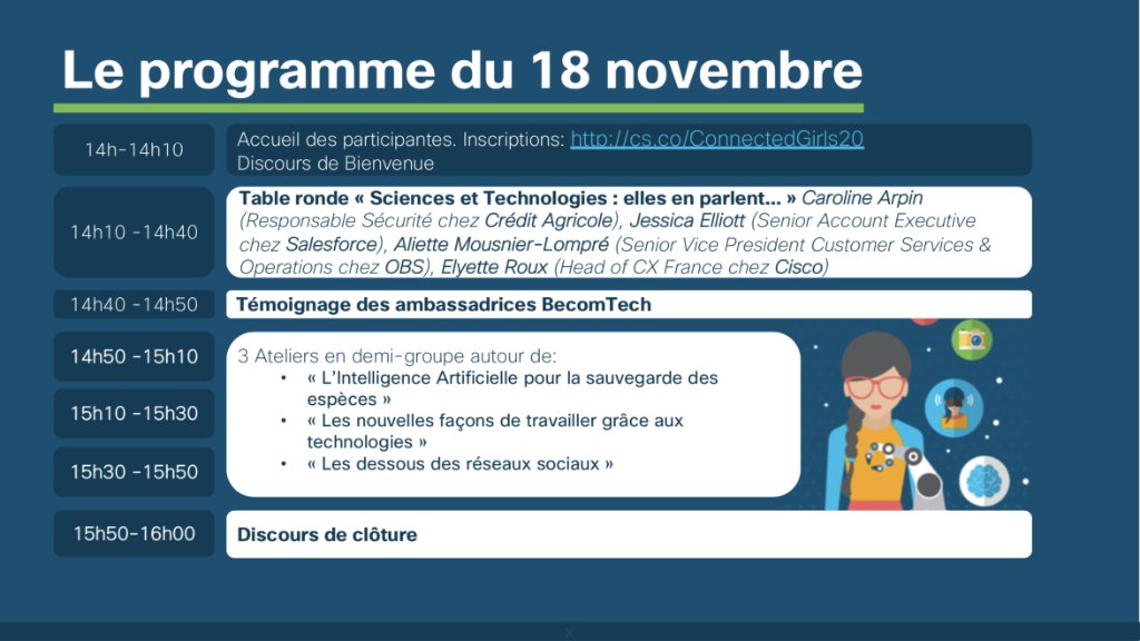 CiscoFrance's tweet photo. J- 2 avant événement annuel #ConnectedGirls. Depuis 12 ans, nous avons à cœur de réunir les jeunes filles pour les sensibiliser aux métiers du numérique. 👩‍💻 Inscriptions : https://t.co/QowZoOHAKY 
#InclusionNumérique
#Formation 
#WeAreCisco https://t.co/8V3tZvbelj