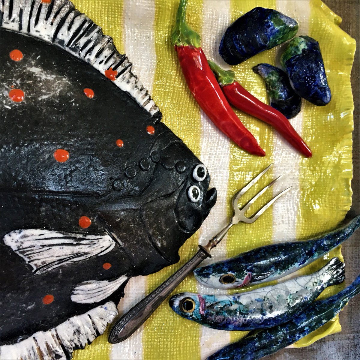 DTonnison's tweet photo. A close up of my mixed media ceramic &amp; reclaimed wood piece "Plaice and Whitebait". Follow me on Instagram for more details: https://t.co/Z6kl9dlNdQ 

#ceramic #raku #beautifulart #handmade #wallart #mixedmedia #stilllife #plaice #whitebait https://t.co/2MrDsMDv9x