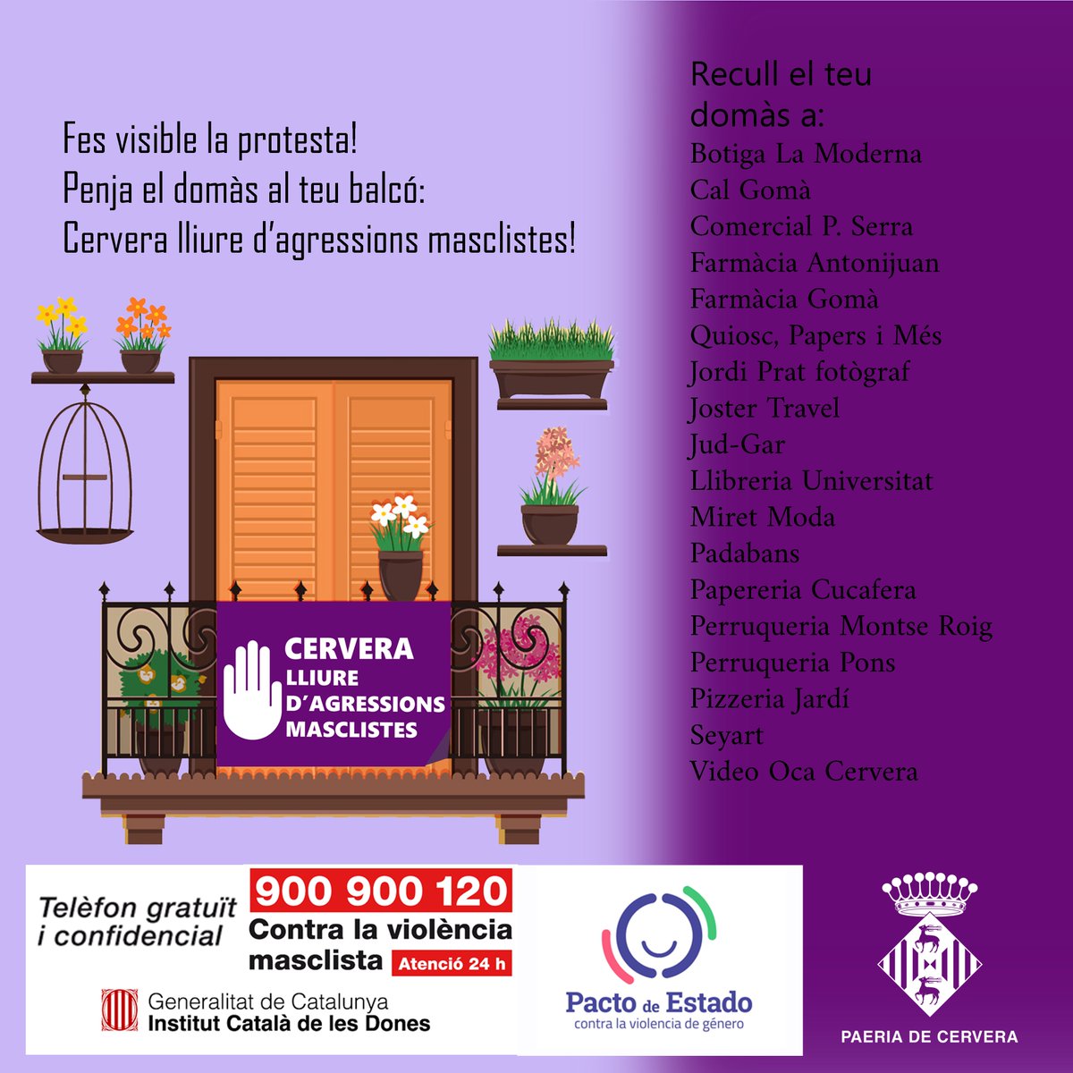 paeriacervera's tweet photo. 📢"Cervera lliure d'agressions masclistes", campanya que pretén obrir finestres i balcons per fer visible el problema i prendre consciència comunitària. 

🔴Les violències masclistes NO són un fet aïllat, NO pertanyen a l'àmbit privat, NO m'afecten només a mi. 

#CerveraFeminista https://t.co/G6KAQqfAjl