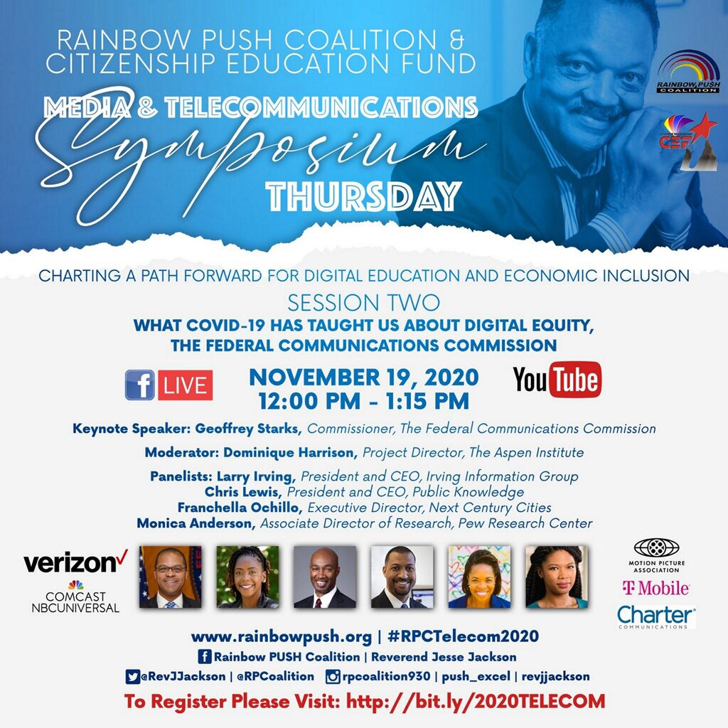 RevJJackson's tweet photo. YOU ARE INVITED! Join us for ##RPCTelecom2020 11.19.20/12pm for a VIRTUAL SESSION on
“What #COVID19 Has Taught us about digital equity.” KEYNOTE by @GeoffreyStarks Moderated by #DHarrison w/ @larry_irving @ChrisJ_Lewis @FranOchillo @MonicaRAnders REGISTER https://t.co/U7igyEBWBk https://t.co/53FO5XMTqR