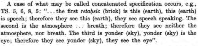 Mention can be made of qualitative specification ('hairyness' of types of light in relation to Vedic deities), specification in appurtenance homology (water representing frogs, lotus, bamboo-shoots alike), & concatenated specification (co-relating brick to earth in TS 5.6.8.5)