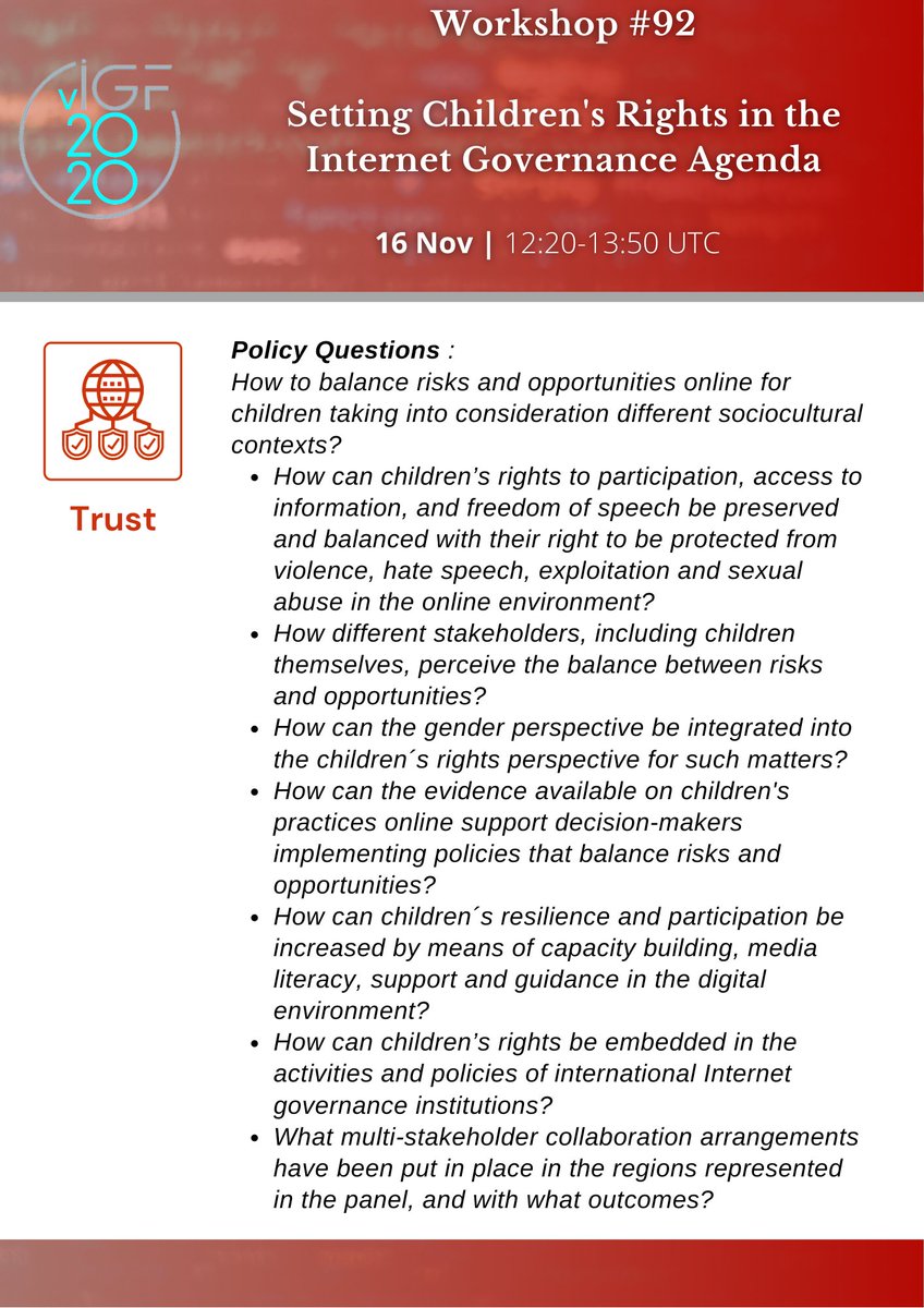 Igf_trust's tweet photo. Starting at 12:20 UTC in the #IGF2020 #Trust Track: WS #92 Setting Children's Rights in the Internet Governance Agenda

Session details 
https://t.co/z76ZZRfOrW 

YouTube Livestream of this session available from https://t.co/7yINUcT0zE https://t.co/35wW7P7T9R
