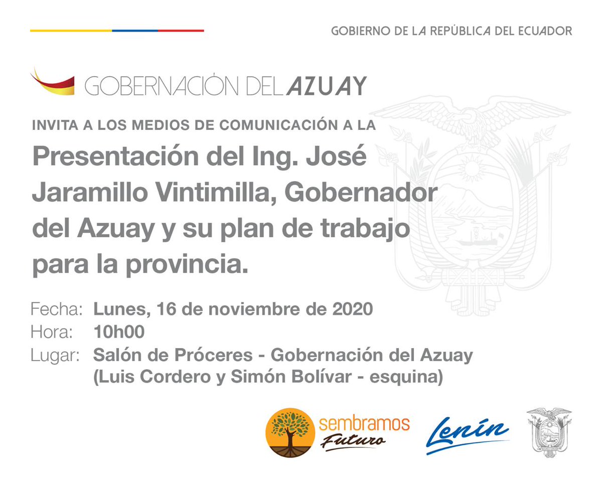 josejaramillovi's tweet photo. ▪️RUEDA DE PRENSA:
Invitamos cordialmente a los medios de comunicación a la presentación del plan de trabajo que ejecutaremos durante nuestra gestión al frente de la @goberazuay.

🗓️ Lunes 16 nov / 10h00
▫️Salón de Próceres (Luis Cordero y Simón Bolívar - Esq.) https://t.co/NY7z55U6cO