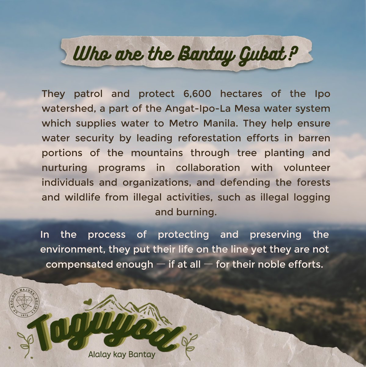 upgems's tweet photo. UP GeMS presents "Taguyod: Alalay kay Bantay", a donation drive that aims to provide essentials and goods for the 60 Bantay Gubat, or forest rangers, of Mt. Balagbag, Rodriguez, Rizal.

#Taguyod2020
#ClimateJusticeNow https://t.co/ode2ObkrzL
