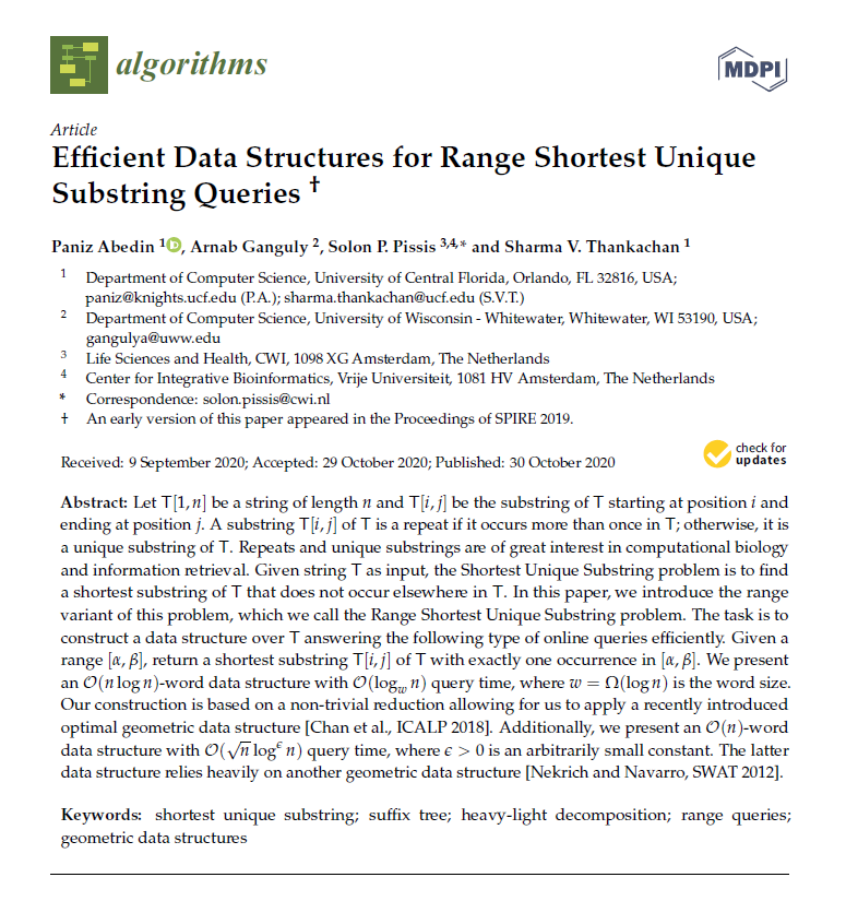 Algorithms_MDPI's tweet photo. [Article] Efficient Data Structures for Range Shortest Unique Substring Queries

Full #openaccess @ https://t.co/LLFeOADFfQ

#shortestuniquesubstring
#suffixtree
#heavylightdecomposition
#rangequeries
#geometricdatastructures
#algorithms https://t.co/f0LU5al7lK