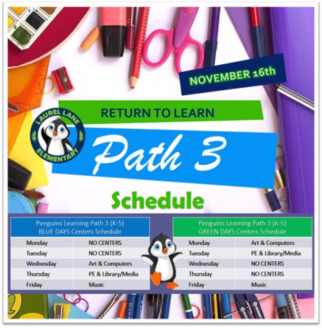 LLES_WJCC's tweet photo. It’s showtime! Welcome back to on-site learning, 4th & 5th graders. Here’s the Centers schedule for all Path 3 students on our hybrid schedule. #CelebrateMonday #wearewjcc #penguinstrong https://t.co/QK0J2mBA30