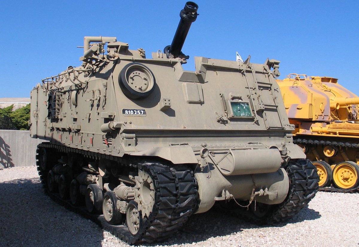 Makmat 160mm, again a heavily modded open topped Sherman hull plus a Soltam M-66 160 mm mortar. The front armour folds flat for operation