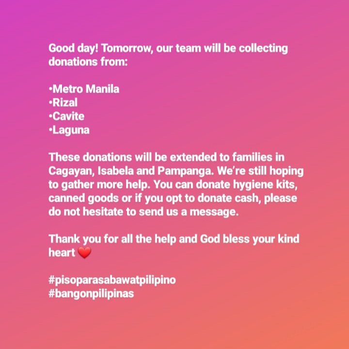 hillaryc0rtez's tweet photo. Hello! My friends are offering free transportation service for your donations. Tomorrow they will be collecting any kind of donations around Metro Manila, Rizal, Cavite and Laguna. Everything that will be collected will be extended to families in Cagayan, Isabela &amp; Pampanga. https://t.co/XtdPh6Vqh5