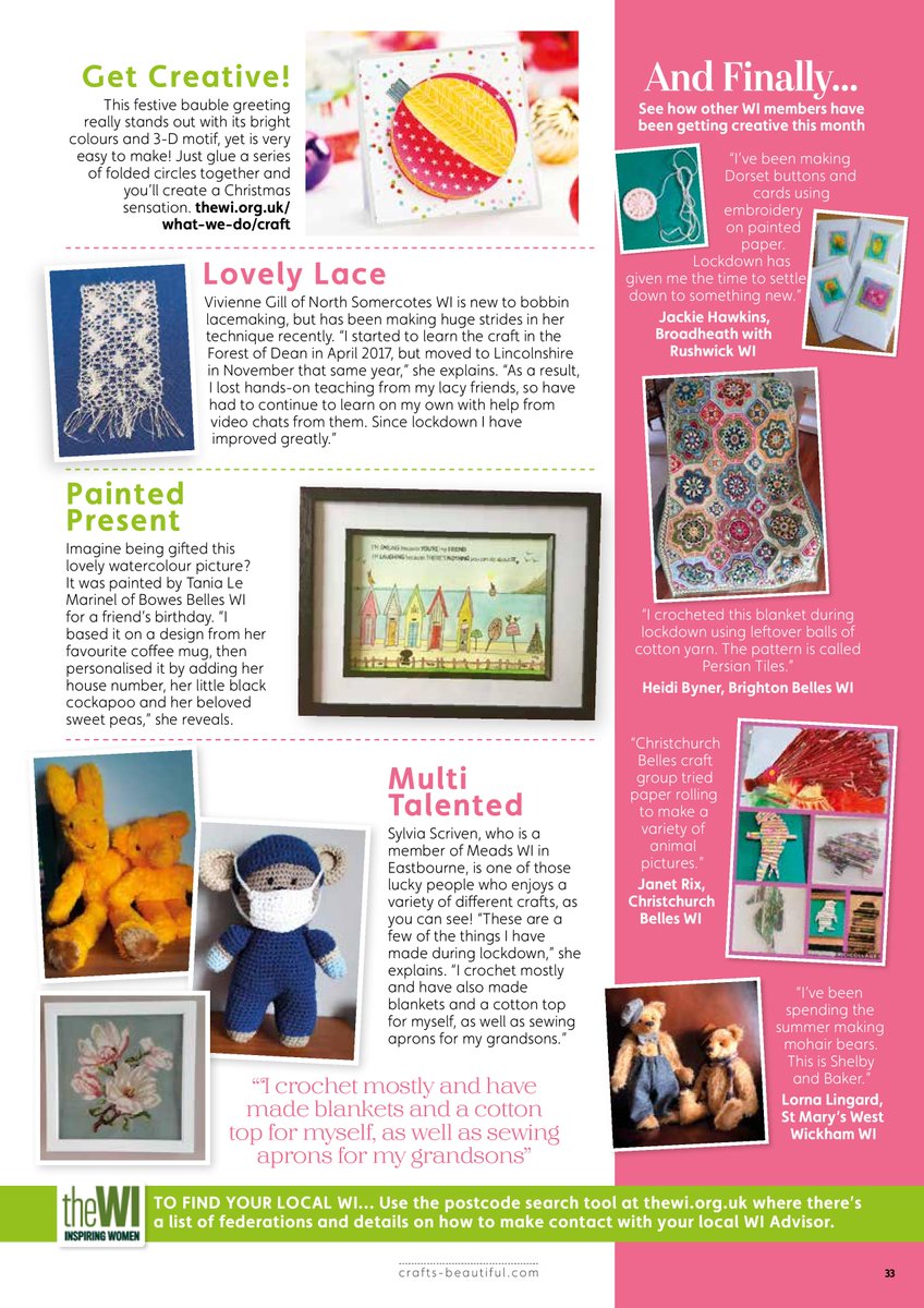WomensInstitute's tweet photo. The WI column in the #Christmas special of @craftsbeautiful magazine includes lots of fabulous projects by members of Harwell WI, Sherriffhales WI, North Somercotes WI, Bowes Belles WI, @BheathRwickWI, @brighton_belles, Meads WI, Christchurch Belles WI and @stmarysWI! 🧶🧵 https://t.co/OkK3jxZPpJ