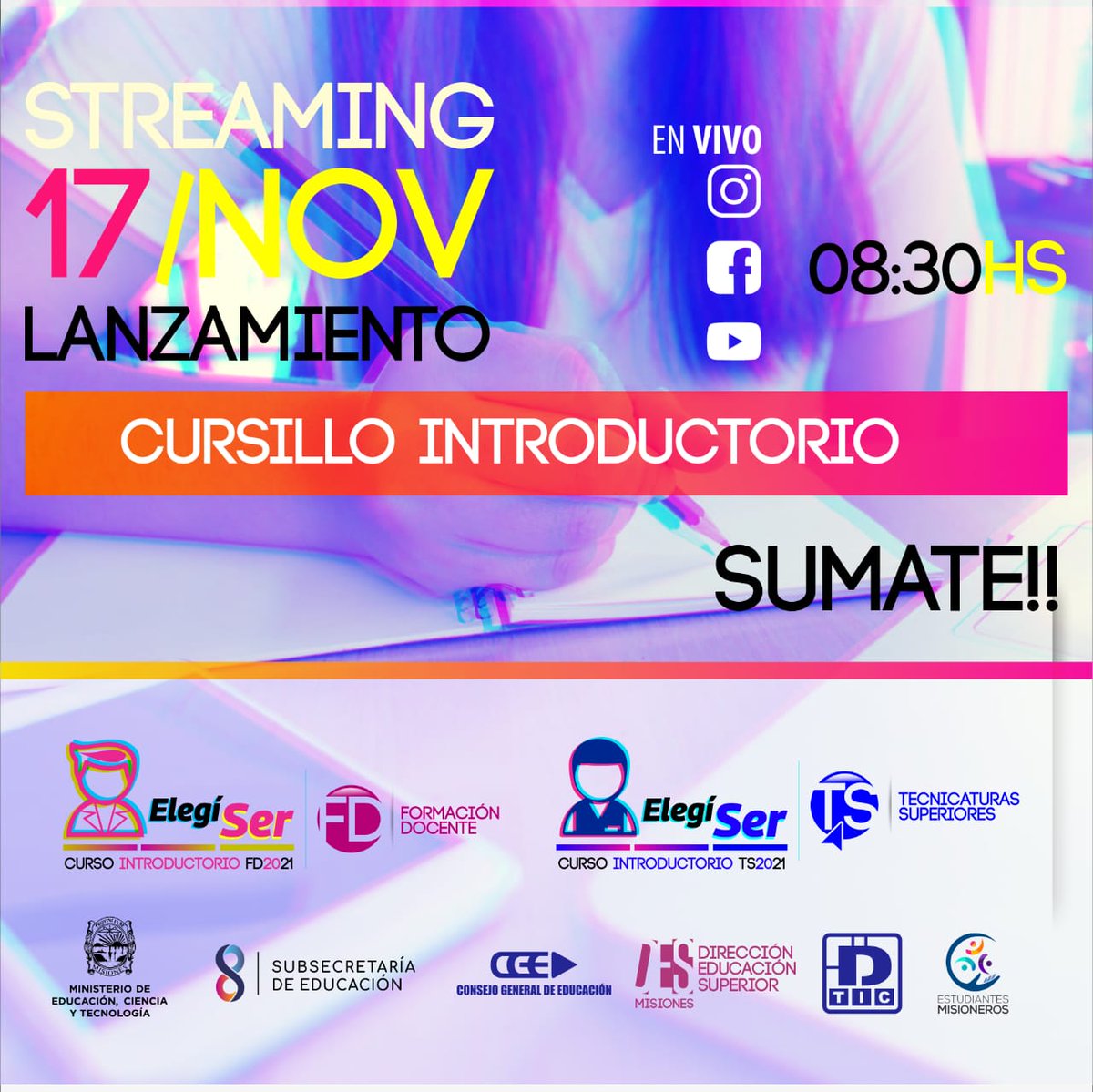 INGRESANTES2021
Streeming sobre el Cursillo. 
Si todavía no te inscribiste aprovecha los últimos días y accede al enlace de inscripción  ➡des.cge.misiones.gob.ar/inscripcion202…
🔷Prof de Danzas con or en Danzas Folk Arg
🔷Prof de Danzas con or en Danzas Clásicas 
🔷Tec Sup en Prod Art Int