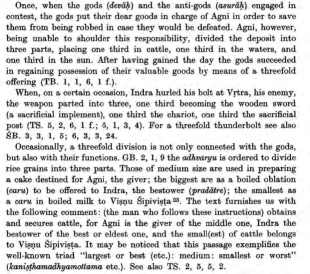 That Indra's thunderbolt also displays triadic significance is relayed in the TS 5.2.6.1 where after hurling it at Vṛtra, it parted into thirds with each third becoming a wooden sword, chariot, and sacrificial post.