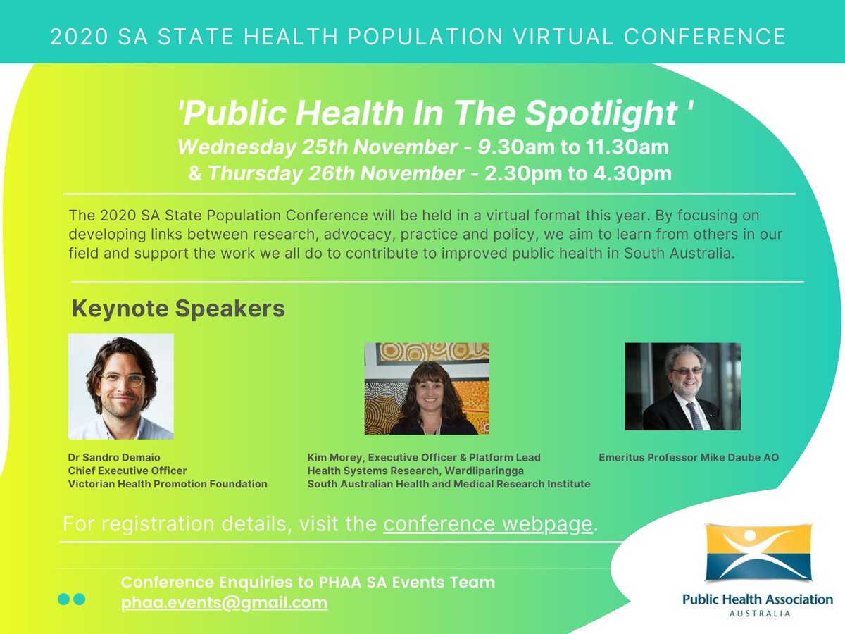 dj_borroughs's tweet photo. 2020 SA State Health Population Conference is to be held next week Wednesday 25 &amp; Thursday 26th November via Zoom - more details visit the website. 
https://t.co/C9dtVS3nnr https://t.co/7L1PuzwpQb