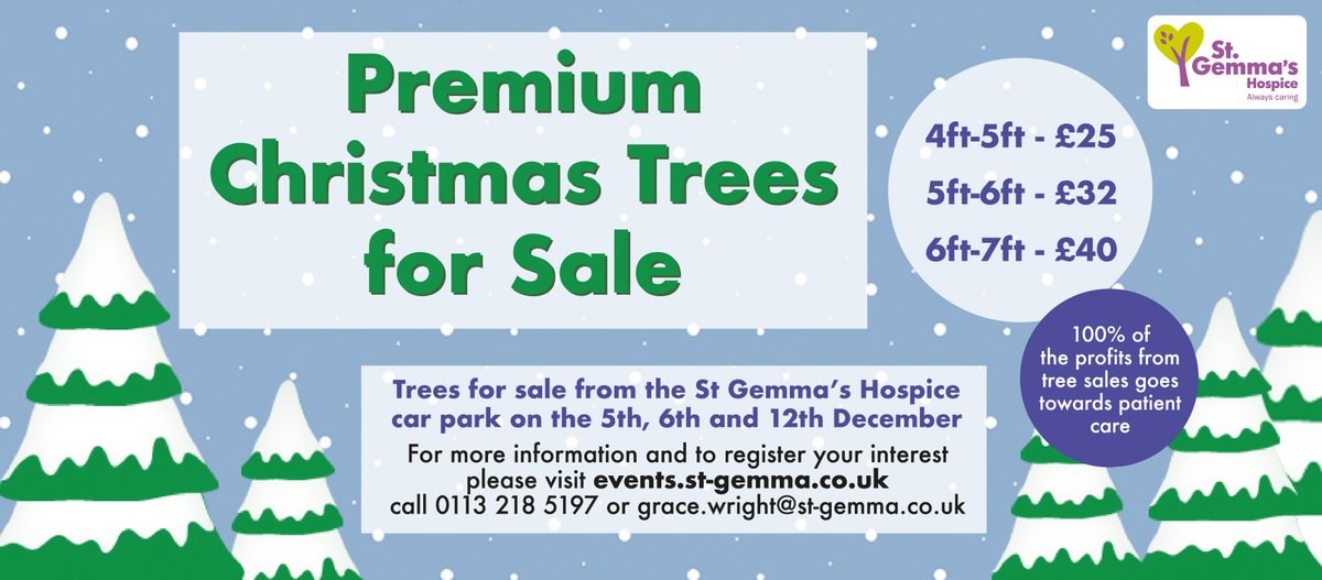 stgemmashospice's tweet photo. Pick up a premium Christmas tree and support a local cause this festive season 🎄🎄🎄 Reserve your tree with St Gemma's Hospice and collect from us on the 5th, 6th or 12th of December.

For more information please visit https://t.co/dHr8adcdMb https://t.co/Aesno5iDQw