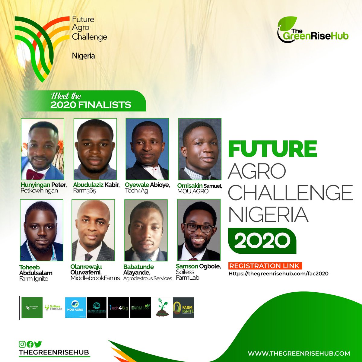 thegreenrisehub's tweet photo. Meet the 2020 finalists for the Future Agro Challenge, Nigeria
Only one would make it to the global stage

Register to see how they would do at https://t.co/SRg51yIvIj

#FAC
#FACNigeria
#Thegreenrisehub https://t.co/ZrHlTL5Eqh