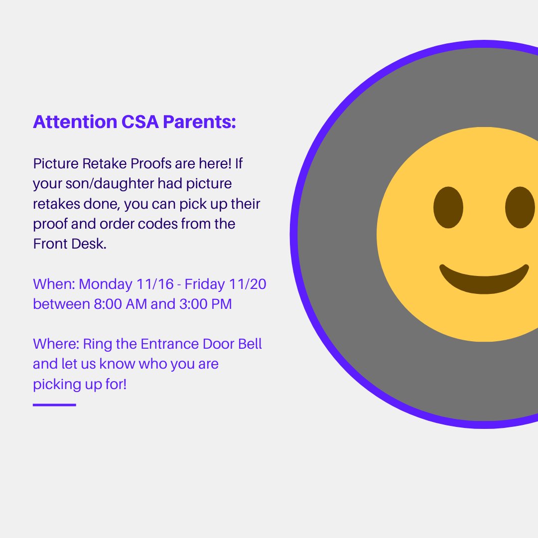 CSANewTechHS's tweet image. Picture Retake Proofs are here! If your son/daughter had picture retakes done, you can pick up their proof and order codes from the Front Desk.

When: Mon 11/16 - Fri 11/20 between 8:00 AM and 3:00 PM

Where: Ring the Entrance Door Bell and let us know who you are picking up for!