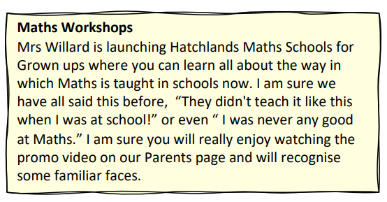 HatchlandsSch's tweet photo. Take a look at the Hatchlands Maths School for 'Grown ups' launched by Mrs Willard
https://t.co/gCmNIFy3wZ
#mathsforparents #hatchlandsschool https://t.co/Wh5MNBJT5y