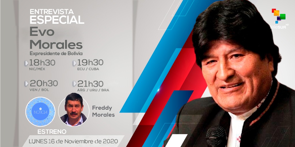 teleSURtv's tweet photo. HOY no puedes perderte la entrevista especial al expresidente @evoespueblo, bajo la conducción del corresponsal @FreddyteleSUR 

Solo por @teleSURtv 👈 https://t.co/h3HfCag2j7