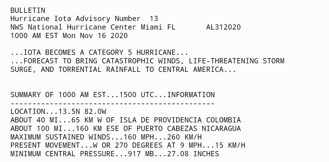 MichaelRLowry's tweet photo. First Category 5 hurricane of the extremely active 2020 Atlantic Hurricane Season. And it happened in mid November. Incredible. #Iota https://t.co/XNjF86VHUb