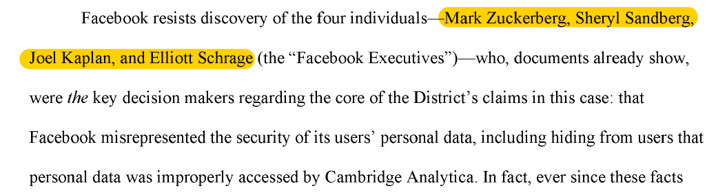It's been more than two months Court said it would soon determine whether Zuckerberg, Sandberg, Kaplan and/or Schrage will have to provide discovery, deposition and possibly testify regarding the cover-up. There should be ***a lot*** more attention on this.
