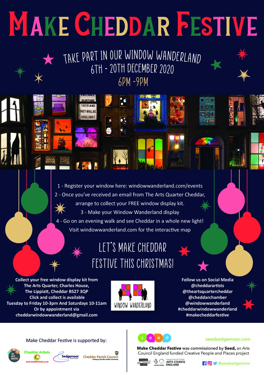 RotaryMendip's tweet photo. Cheddar Arts and The Art Quarter are endevouring to create an uplifting activity for Christmas. They are asking businesses in the Cheddar Valley to put a festive display in their windows and Make Cheddar Festive. The event is supported by the Parish Council &amp; Chambers of Commerce https://t.co/D6wGJnlKGH