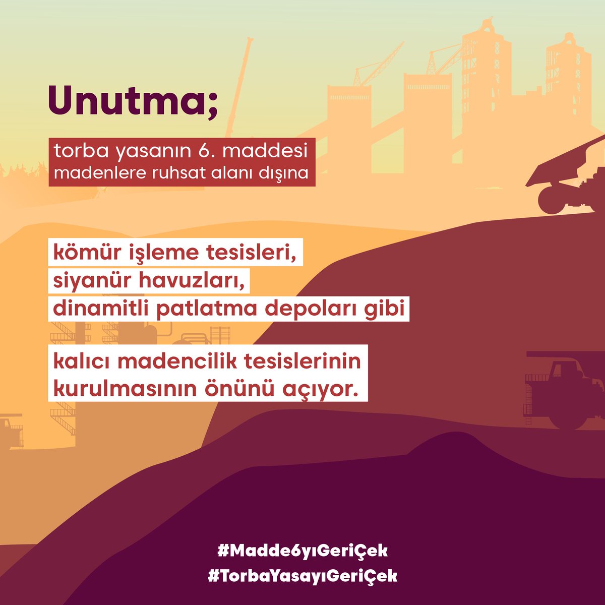 350turkiye's tweet photo. ⚠️ D İ K K A T ⚠️
Maden şirketlerine yeni imtiyazlar getiren torba yasa TBMM'ye geliyor

Şayet yasalaşırsa, maden şirketleri ruhsat alanı dışında kalıcı tesisler kurabilecek😲

Sen de parti grup başkanvekillerini ara, torba yasaya hayır de!🙅
#TorbaYasayıGeriÇek #Madde6yıGeriÇek https://t.co/6mXzR90yVU