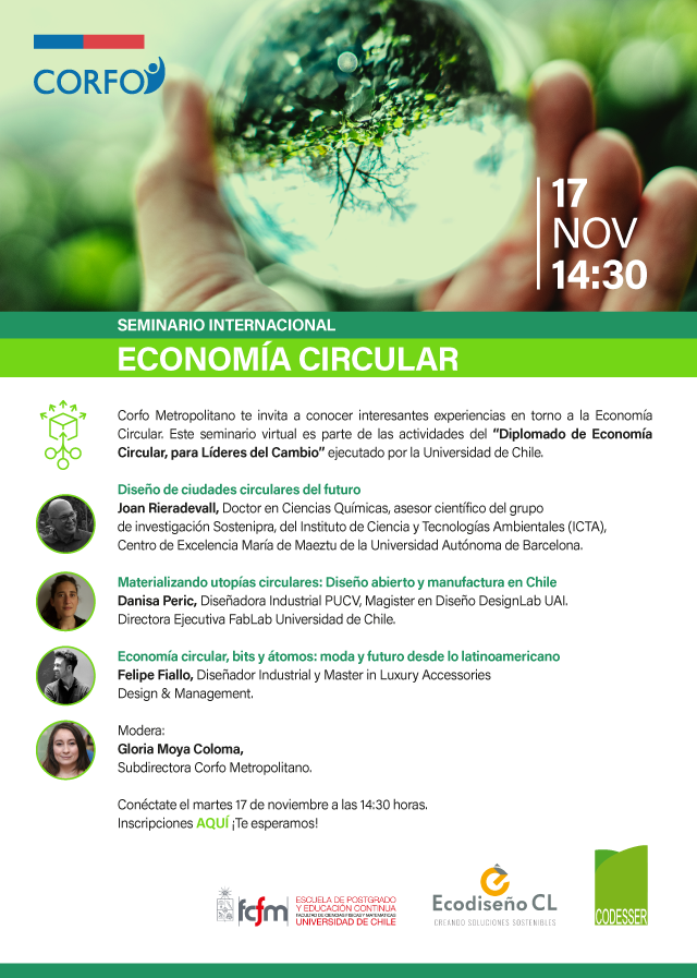 MAÑANA!! No te puedes perder este interesante Seminario Internacional de #economiacircular ♻️organizado por <a href="/Corfo/">Corfo</a> #RM en el marco del Diplomado "Economía Circular, líderes para el cambio" del Programa #BecasCapitalHumano
Inscripciones 👉bit.ly/2UkFjkS