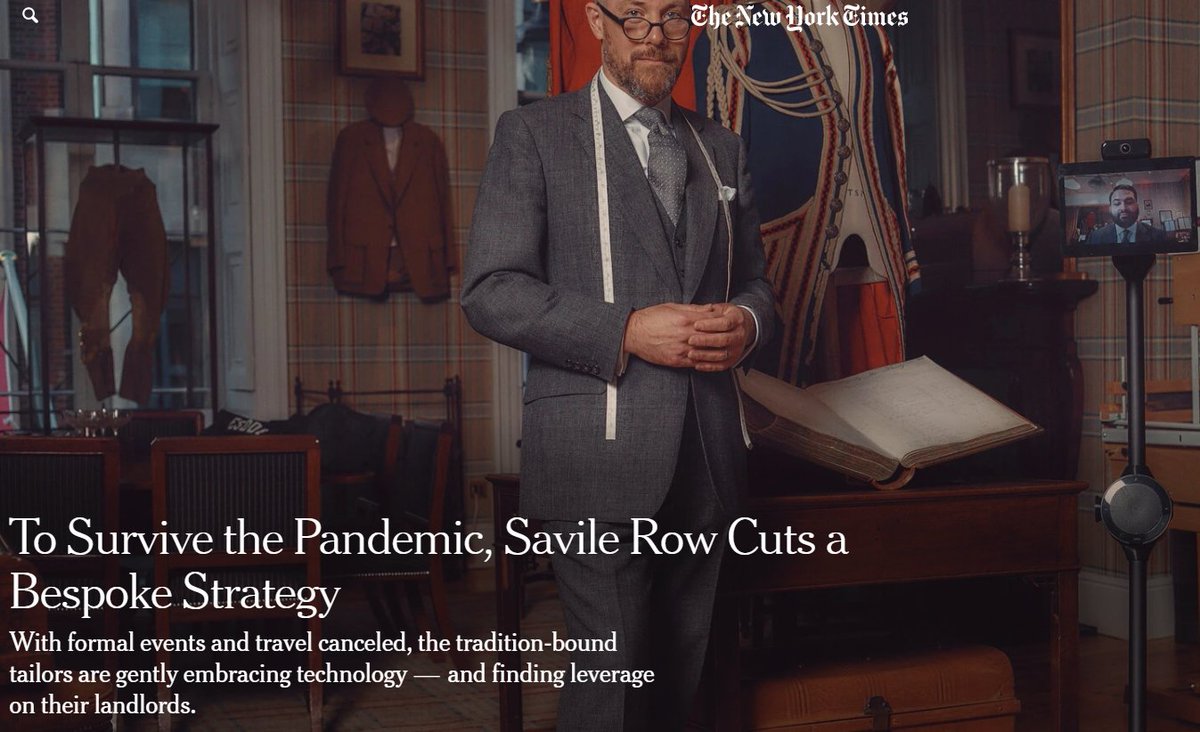 VickyBritton's tweet photo. "To survive the pandemic, the famed tailors of Savile Row in London have embraced alterations including digital fittings, ready-to-wear lines and even a brigade of robots." Brilliant piece about #SMEs shining through and adapting once again in the @nytimes https://t.co/OmZxaihBIB