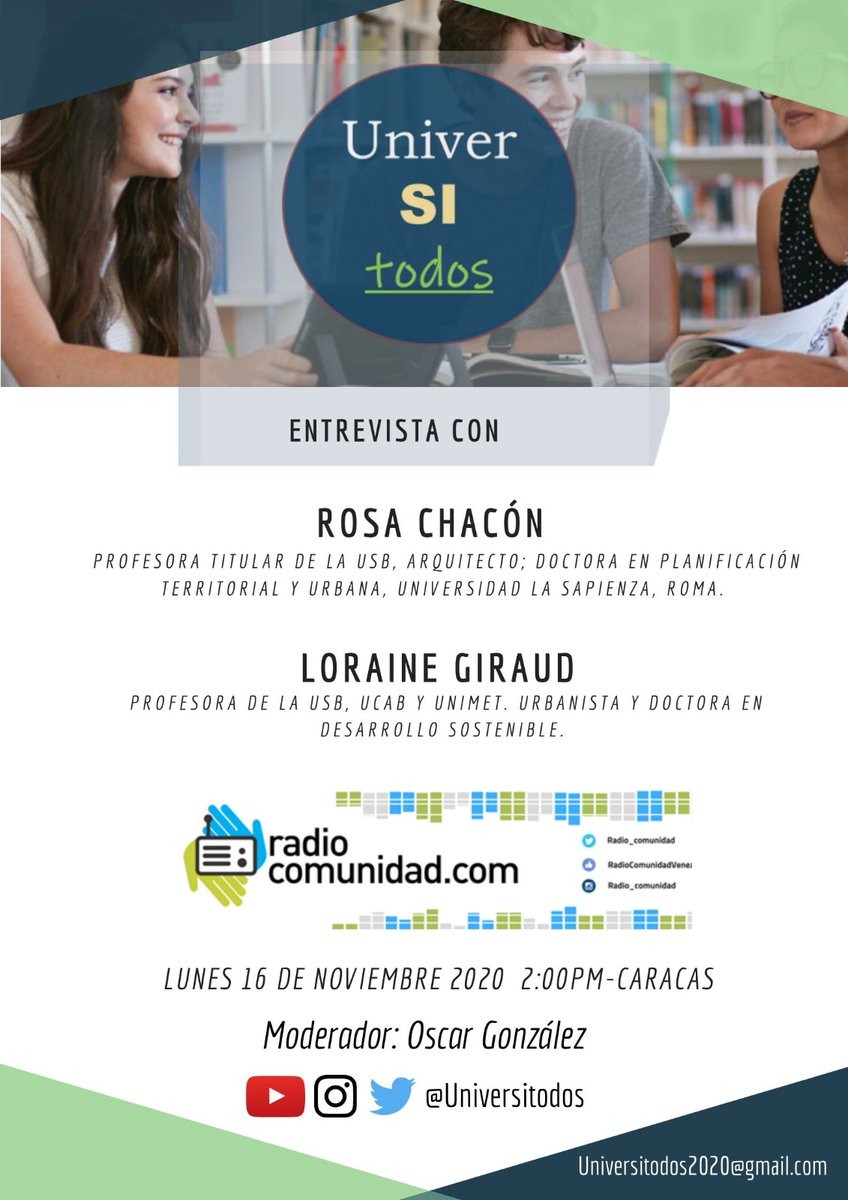 universitodos's tweet photo. Hoy lunes 16/11/2020, 2:00pm (CCS), conversaremos con las Profs. Rosa Chacón y Loraine Giraud sobre "Universidad y sostenibilidad: Vida Urbana y Ambiente" por "Universitodos" a través de "https://t.co/dIIdGXqdDK" @campusb @dexusb @FCEUSB @APUSB @Radio_Comunidad @ogonzausb @aeusb https://t.co/jTYJeeJhcO