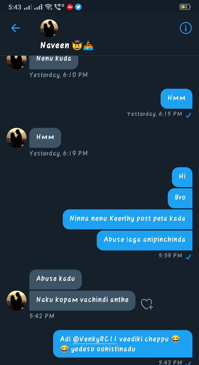 ImLicky19's tweet photo. @VenkyRC11 Thane cheppadu nuvendi inka 🤣🤣 pedatavemo abuse gurinchi nuvu nee labour pannulu silly 😂😂 https://t.co/P8erwN4UpU