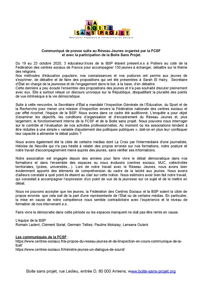 BoiteSansProjet's tweet photo. Suite à l'emballement médiatique autour de la rencontre du réseau jeunes des centres sociaux à Poitiers, La Boite Sans Projet exerce son droit de réponse, notamment à l'article de @heloise_dn pour @LaCroix
@centresociaux @Fede_CS_5962 @LaVieHebdo @sarahelhairy @AssoCoexister https://t.co/FLJ15PJm5D