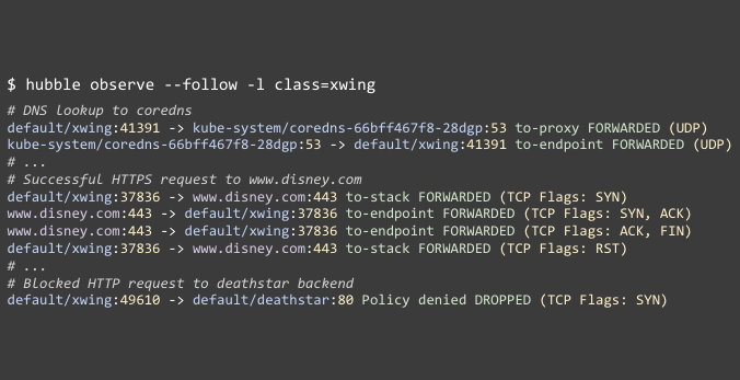 CLI / Flow Query APIHubble stores flows in an in-memory database that you can then query to troubleshoot incidents or inspect network behavior, e.g. show me all drops in last 5 minExamples below:- DNS queries- HTTP request/response- Network policy drops
