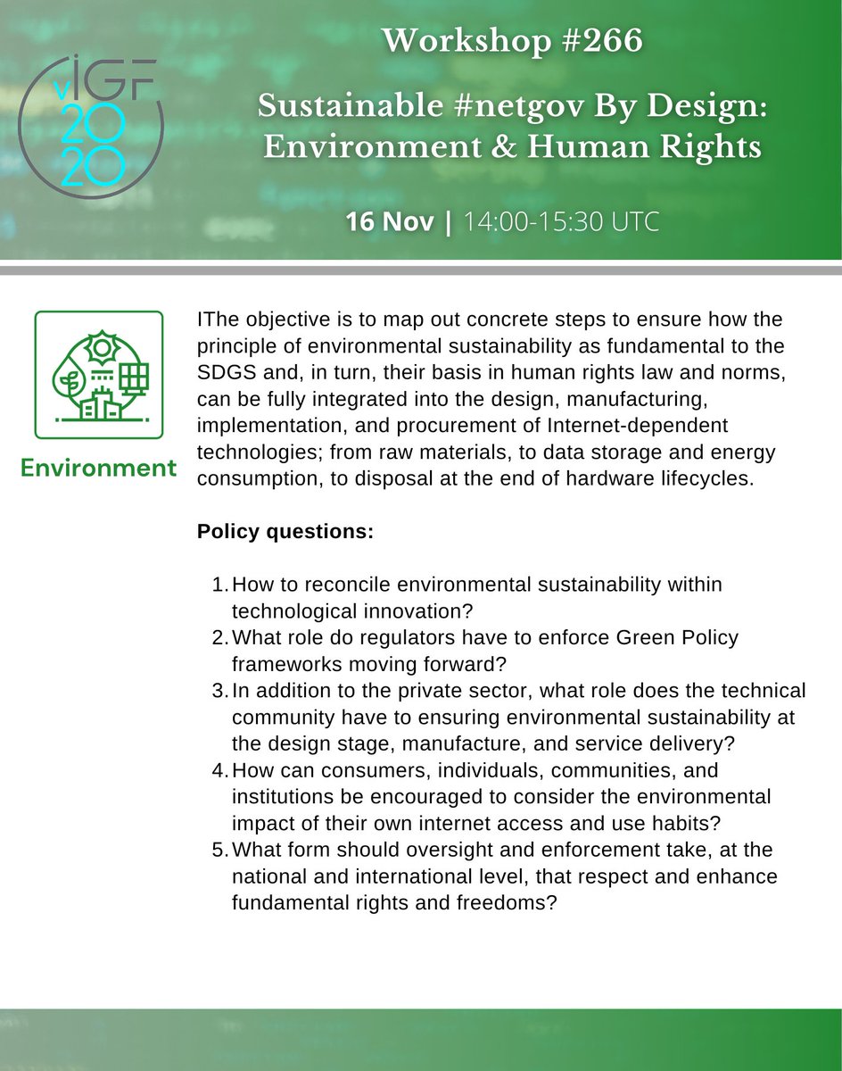 igf_environment's tweet photo. Starting at 14:00 UTC in the #IGF2020 #environment track: WS #266 Sustainable #netgov By Design: Environment &amp; #HumanRights 

Details: https://t.co/ZegXnKqWcd

YouTube livestream of this session available from 
https://t.co/vdS6Cj9D40 https://t.co/txwyWC1g1V