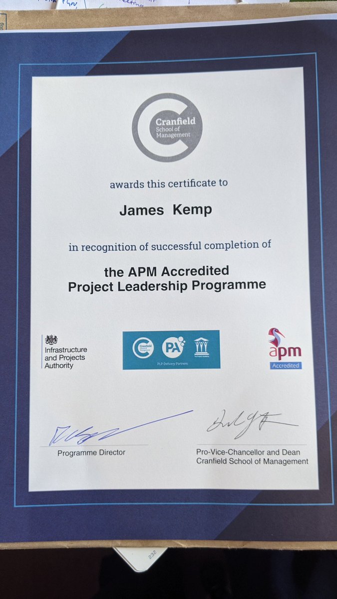 James_M_Kemp's tweet photo. Got my graduation certificate from the Project Leadership Programme run by @cranfieldmngmt in today's post.
I'm going to carry on trying to make government projects better with @IPAProjectX
#GovPDC https://t.co/Dhhmc6OIZH