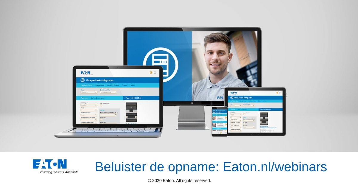 De online groepenkastconfigurator voor Systeem 55 en Medusa is vernieuwd! Beluister hier de opname van het webinar waarin de mogelijkheden van de vernieuwde tool worden belicht: eaton.works/2UwuBIe

Meer info over o.a. de configurator vindt u op:  Eaton.nl/systeem55