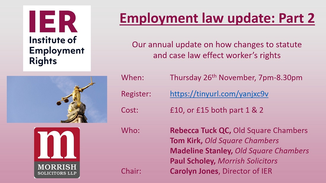 IERUK's tweet photo. The excellent Rebecca Tuck QC, Tom Kirk and Madeline Stanley of Old Square Chambers will be updating us on how statute and case law have been affecting workers' rights in 2020. https://t.co/liXxzOSqFS #CaseLaw #Surveillance #Statute @OldSqChambers #ukemplaw https://t.co/6LLLExvRGe