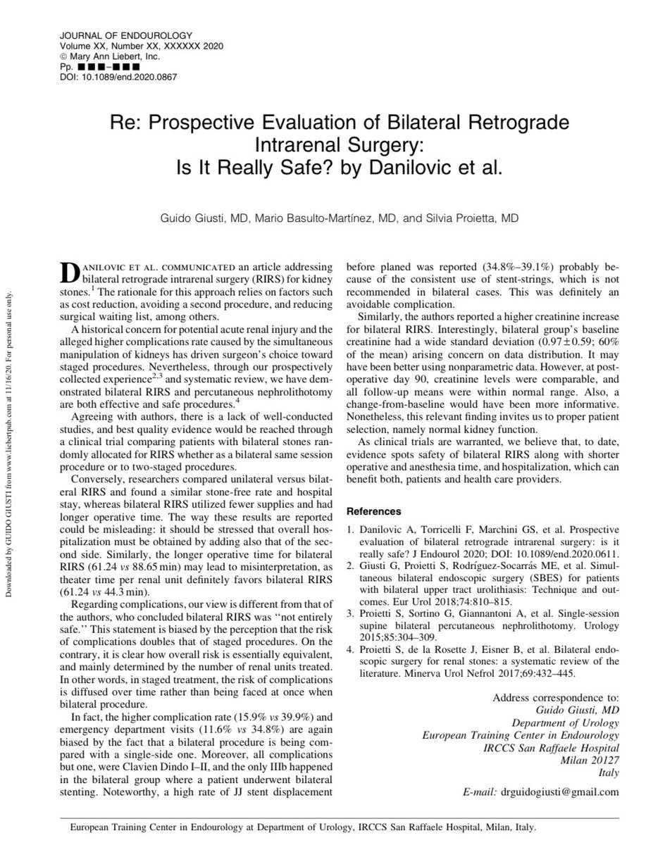 This LTE <a href="/JEndourology/">Journal of Endourology</a> explains why we gently disagree with 🇧🇷 friends <a href="/DrAleDanilovic/">Alexandre Danilovic</a> <a href="/EduardoMazzucc1/">Eduardo Mazzucchi</a> about risk due 2 #bilateral surgery:if pts’ selection ok, no extra risks! In staged #RIRS risk is only diffused over time!#bilateral is ok esp in #covid era with few OR  slots!