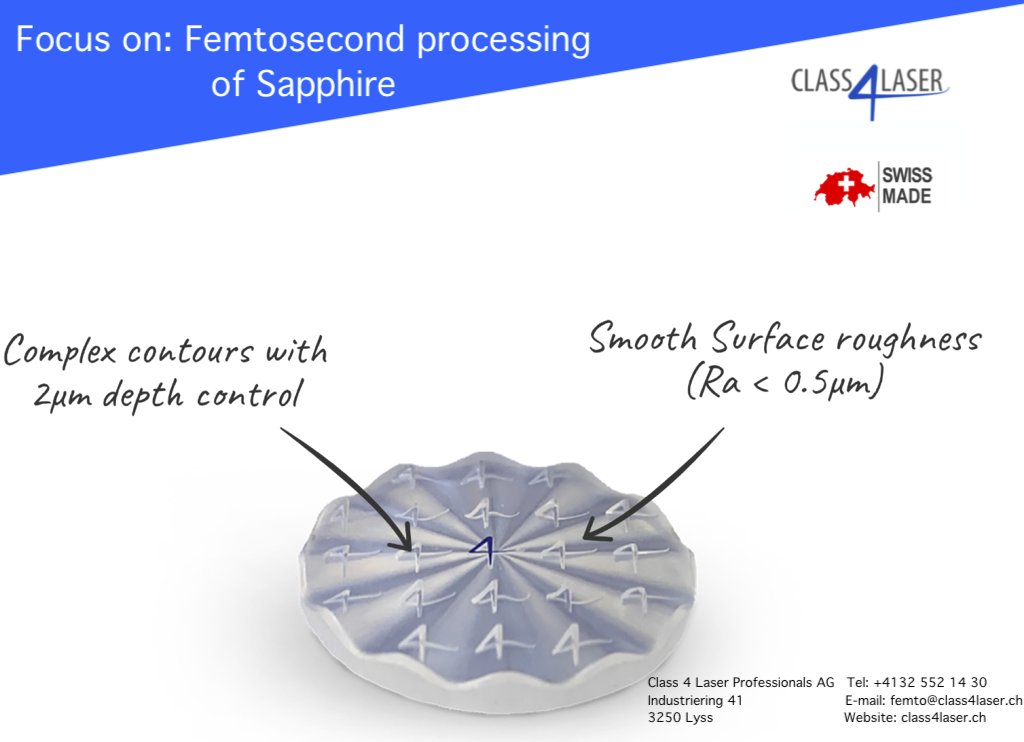 Femtosecond laser processing of Sapphire with μm level precision can be delivered on short time scale with flexible batch size. Let's take your ideas from CAD to FAB! Get in touch femto@class4laser.ch or class4laser.ch/en_US/

#swissmade #manufacturing #innovation