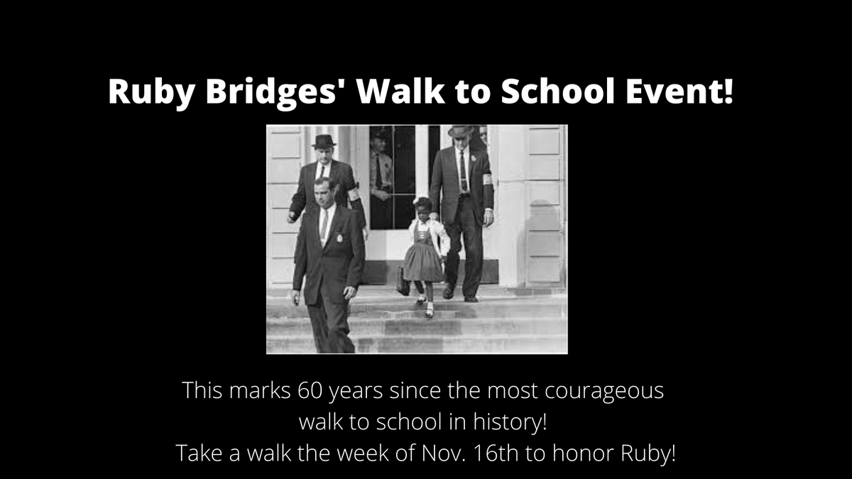 ACPS_SRTS's tweet photo. On November 14th, 1960, six-year-old Ruby Bridges was the first African-American to attend her all-white elementary school in New Orleans. 
Take a walk this week to honor Ruby! 
Learn more about Ruby here: https://t.co/lCEQ13EJgk
#rubybridges #alxwalktheblock https://t.co/EHff0EODXx