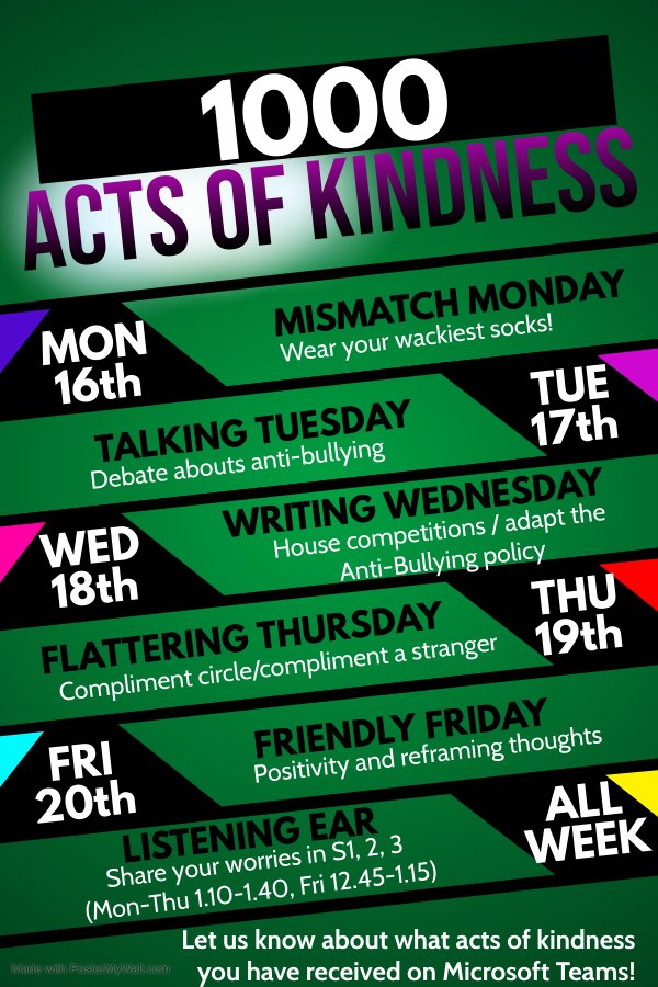StHelensSchool's tweet photo. Our whole school initiative, #1000ActsofKindness launches today to shine a light on the importance of kindness during #AntiBullyingWeek. The aim is to collectively amass 1000 acts of kindness through a variety of different activities from #OddSocksDay to creating form pledges https://t.co/kyfI6vGaJ5