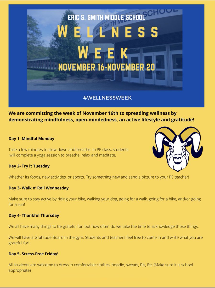 CesarBlacido1's tweet photo. We can’t wait to kickoff of our Wellness Week at @RSDsmithschool. Below are some of the activities our students will do to demonstrate WELLNESS! #wellnessweek https://t.co/eolkj41uA3