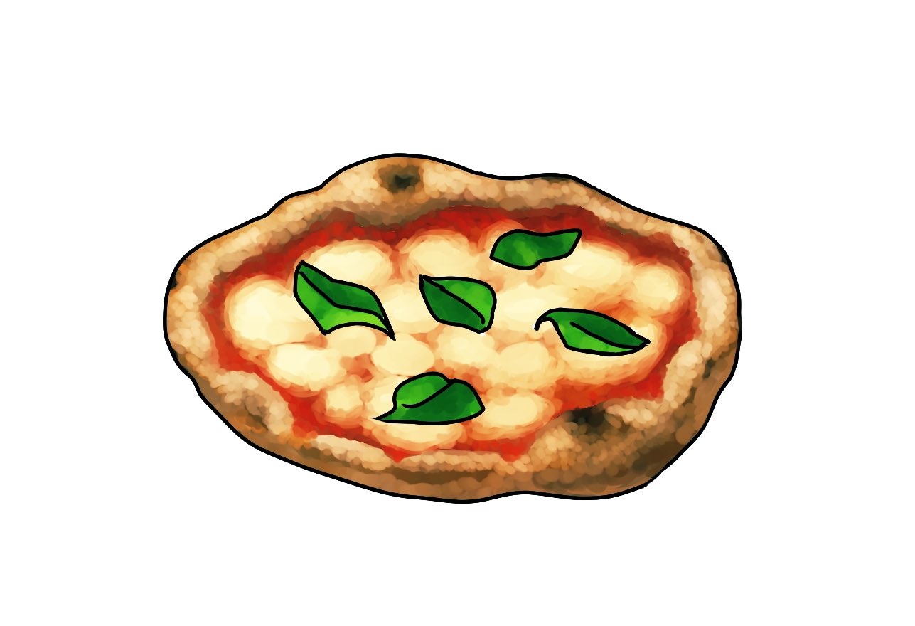 毎日イラストイタリア語 マルゲリータピザ Pizza Margherita ピッツァ マルゲリータ 18年にイタリア の王妃マルゲリータがナポリを訪れた際 ある料理人が尊敬の印として 地元の有名料理であるピッツァに彼女の名前を付けて供したことが名前の由来だと