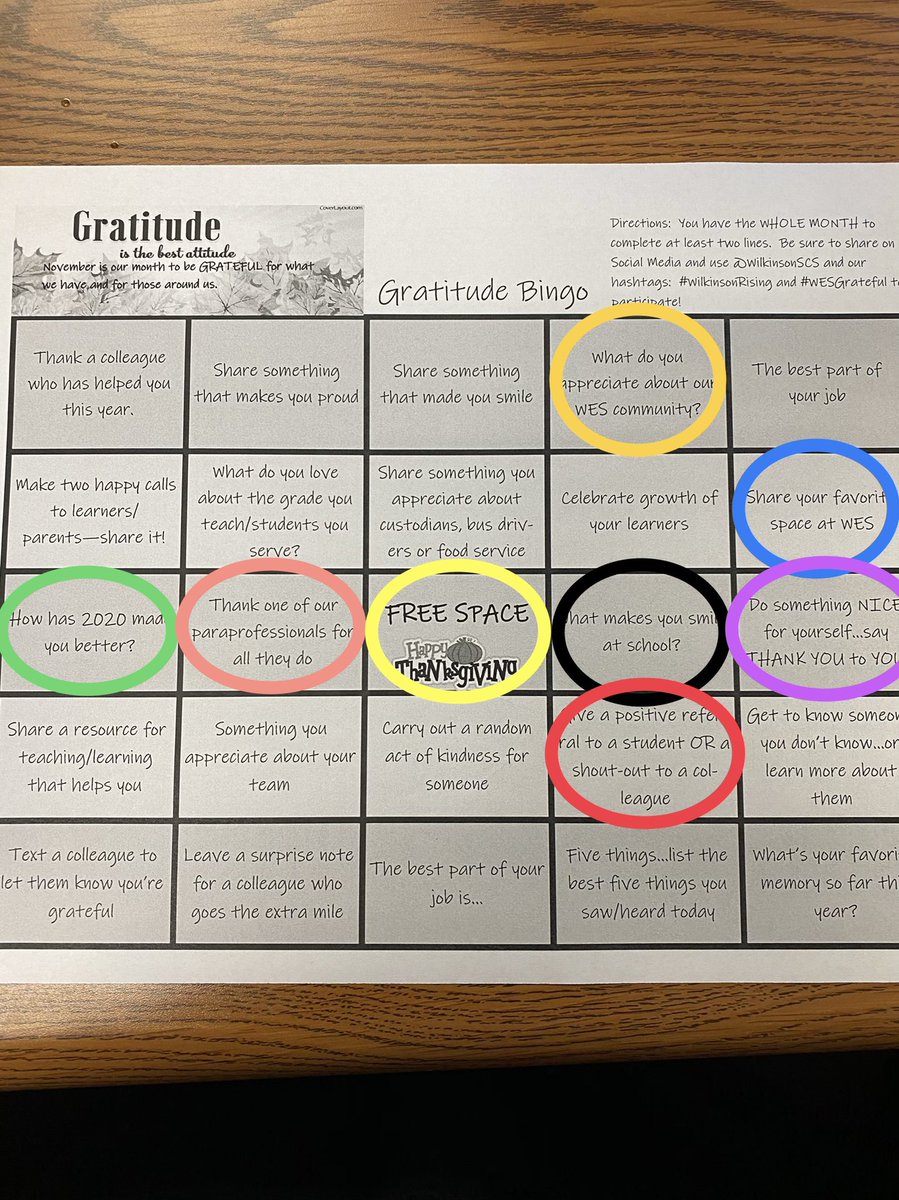 rjadeellis's tweet photo. Gratitude Bingo...”Do something nice for yourself...” planning a mental health day with no distractions! #WESGrateful #WilkinsonRising https://t.co/DVcXnAJRgJ