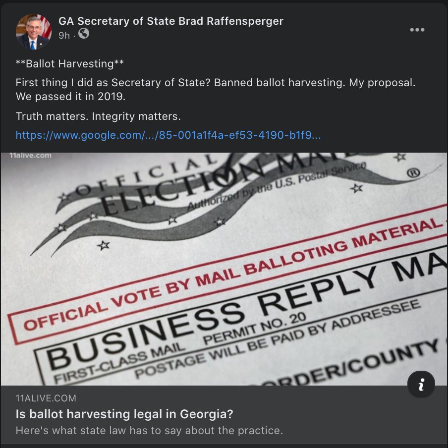 Good morning! Republican Secretary of State Brad Raffensperger went on a Facebook misinfo debunking-spree last night on everything from signature match lawsuit (blasting "Failed candidate Doug Collins") to Dominion voting ('Merica)... these are only some of the posts.  #gapol