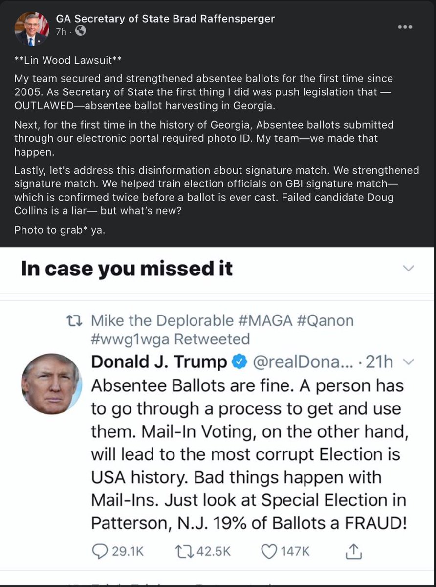 Good morning! Republican Secretary of State Brad Raffensperger went on a Facebook misinfo debunking-spree last night on everything from signature match lawsuit (blasting "Failed candidate Doug Collins") to Dominion voting ('Merica)... these are only some of the posts.  #gapol