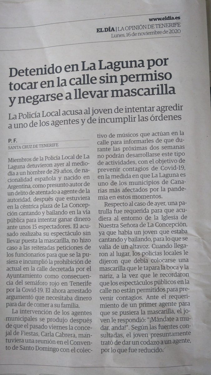 TasotiCabrera's tweet photo. Igual el periódico @eldia debería revisar bien sus fuentes: 

¿cómo puede ser posible que "no hizo caso a las reiteradas peticiones(...)para que se la pusiera" y en el momento en que lo reducen sí la tuviese puesta?

#quenopareelarteenlacalle
#SalvemosElArteEnLasCallesDeLaLaguna https://t.co/dBooScaGcZ