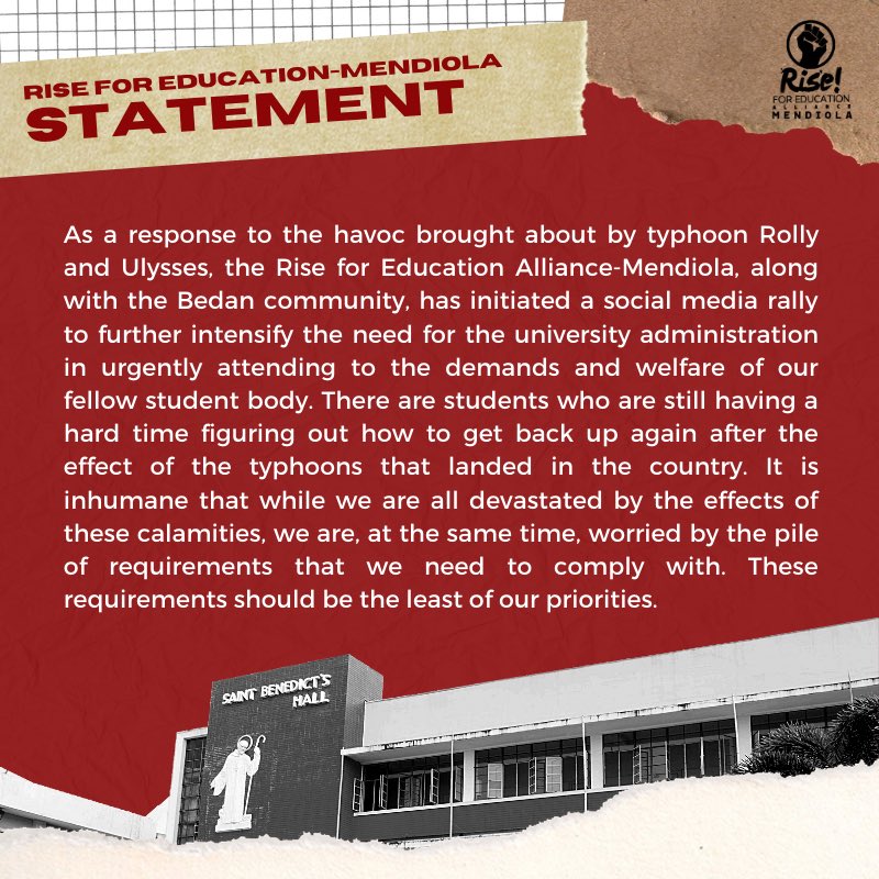R4EMendiola's tweet photo. SAN BEDA, SUSPEND THE SEMESTER! SUSPEND SYNCHRONOUS AND ASYNCHRONOUS CLASSES UNTIL THE NATION HAS RECOVERED FROM THE DAMAGES OF TYPHOONS ROLLY AND ULYSSES!

#SanBedaSuspendTheSemNow
#WalangIwananBeda
#RoarAsOne
#UBeltStudentStrikeNow 

(1/2) https://t.co/drpbUkRXtD