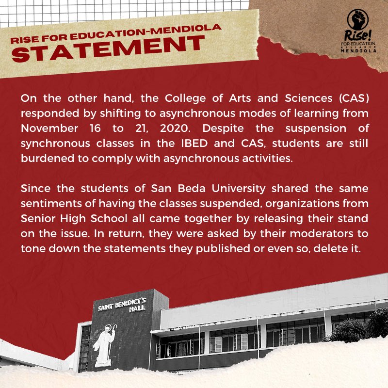 R4EMendiola's tweet photo. SAN BEDA, SUSPEND THE SEMESTER! SUSPEND SYNCHRONOUS AND ASYNCHRONOUS CLASSES UNTIL THE NATION HAS RECOVERED FROM THE DAMAGES OF TYPHOONS ROLLY AND ULYSSES!

#SanBedaSuspendTheSemNow
#WalangIwananBeda
#RoarAsOne
#UBeltStudentStrikeNow 

(1/2) https://t.co/drpbUkRXtD