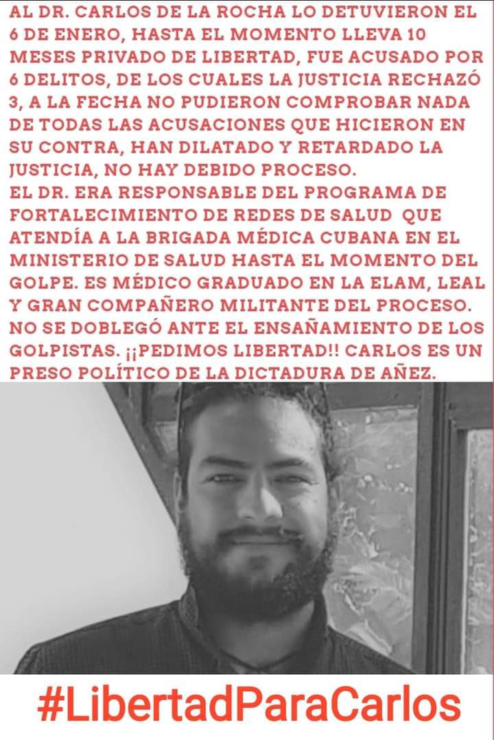#LibertadParaCarlos 
Lleva preso 10 meses y ya fue absuelto de tres acusaciones. No pudieron probar nada contra él. Fue Responsable del Programa Fortalecimiento de Redes de Salud. 
#BrigadaMedicaDeCuba 🇨🇺 
#VamosASalirAdelante 🇧🇴